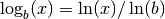 \log_b(x) = \ln(x)/\ln(b)