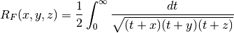 R_F(x,y,z) = \frac{1}{2}
    \int_0^{\infty} \frac{dt}{\sqrt{(t+x)(t+y)(t+z)}}