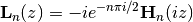\,\mathbf{L}_n(z) = -i e^{-n\pi i/2} \mathbf{H}_n(i z)