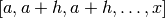 [a, a+h, a+h, \ldots, x]